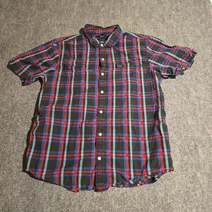 LRG Crypt Keeper Shirt Mens Large Blue Plaid Short Sleeve Woven 100% Cotton
